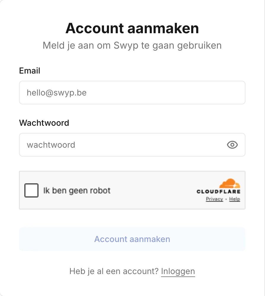 Het formulier om een Swyp-account aan te maken