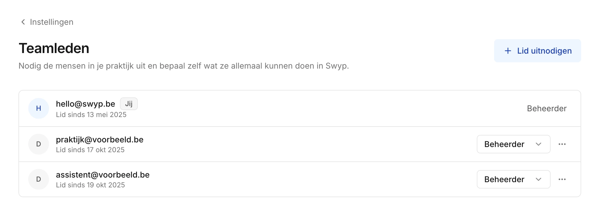 De lijst met teamleden van een praktijk, met hun rol