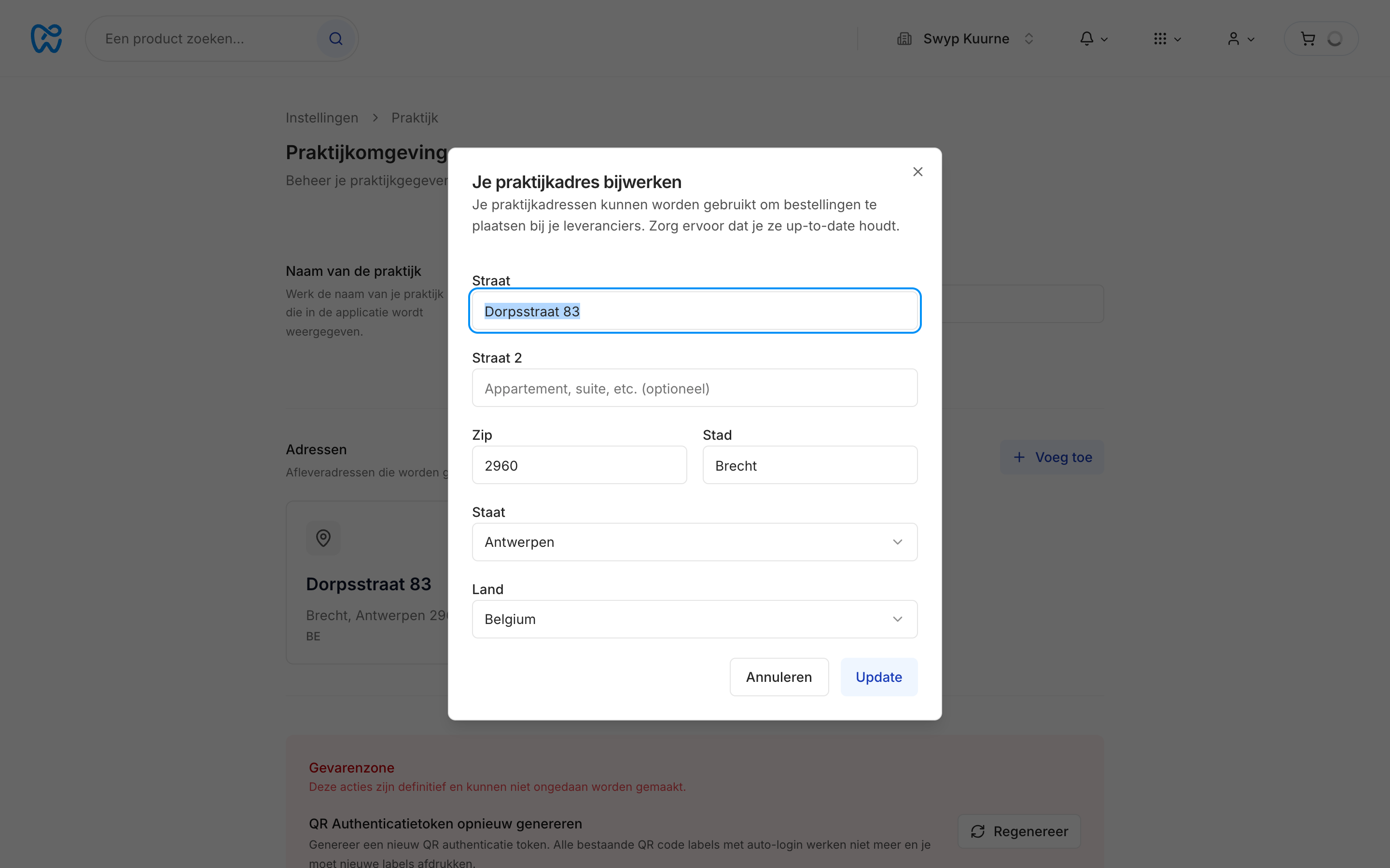 Praktijkadres wijzigen in Swyp